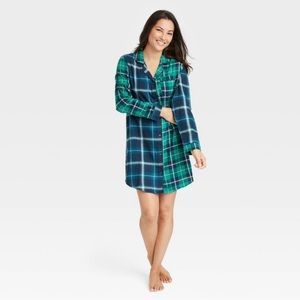 Stars Above Perfectly Cozy Flannel Plaid Nightgown - Green Navy Blue